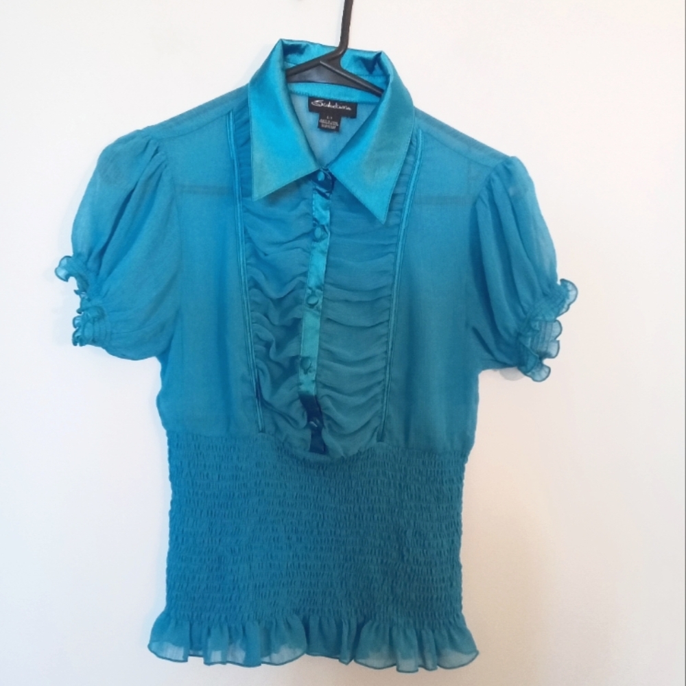 Seduction Women's Shirred Bodice Blue Blouse with Satin Collar